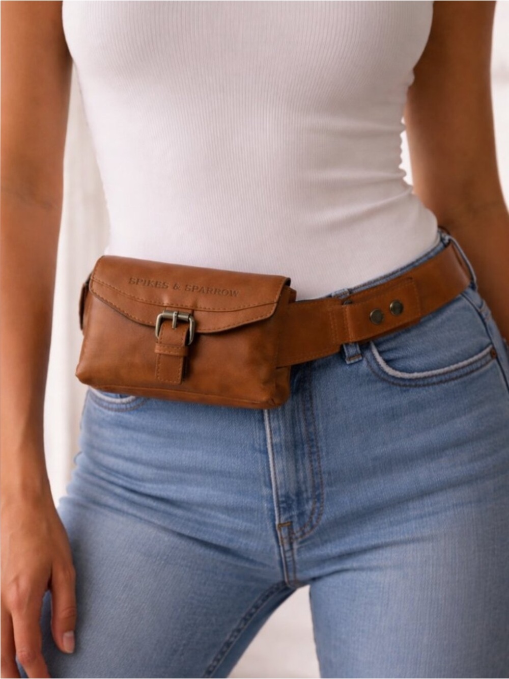 SPIKES & SPARROW Leather Front Pocket Big Waist Belt Bag Fanny Pack Tan
